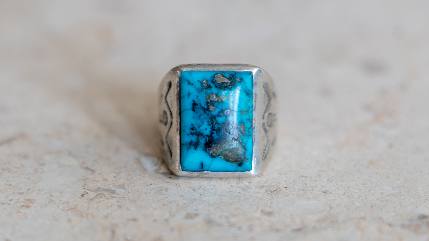 Mid Century Turquoise Bell Trading Post Ring Size-10