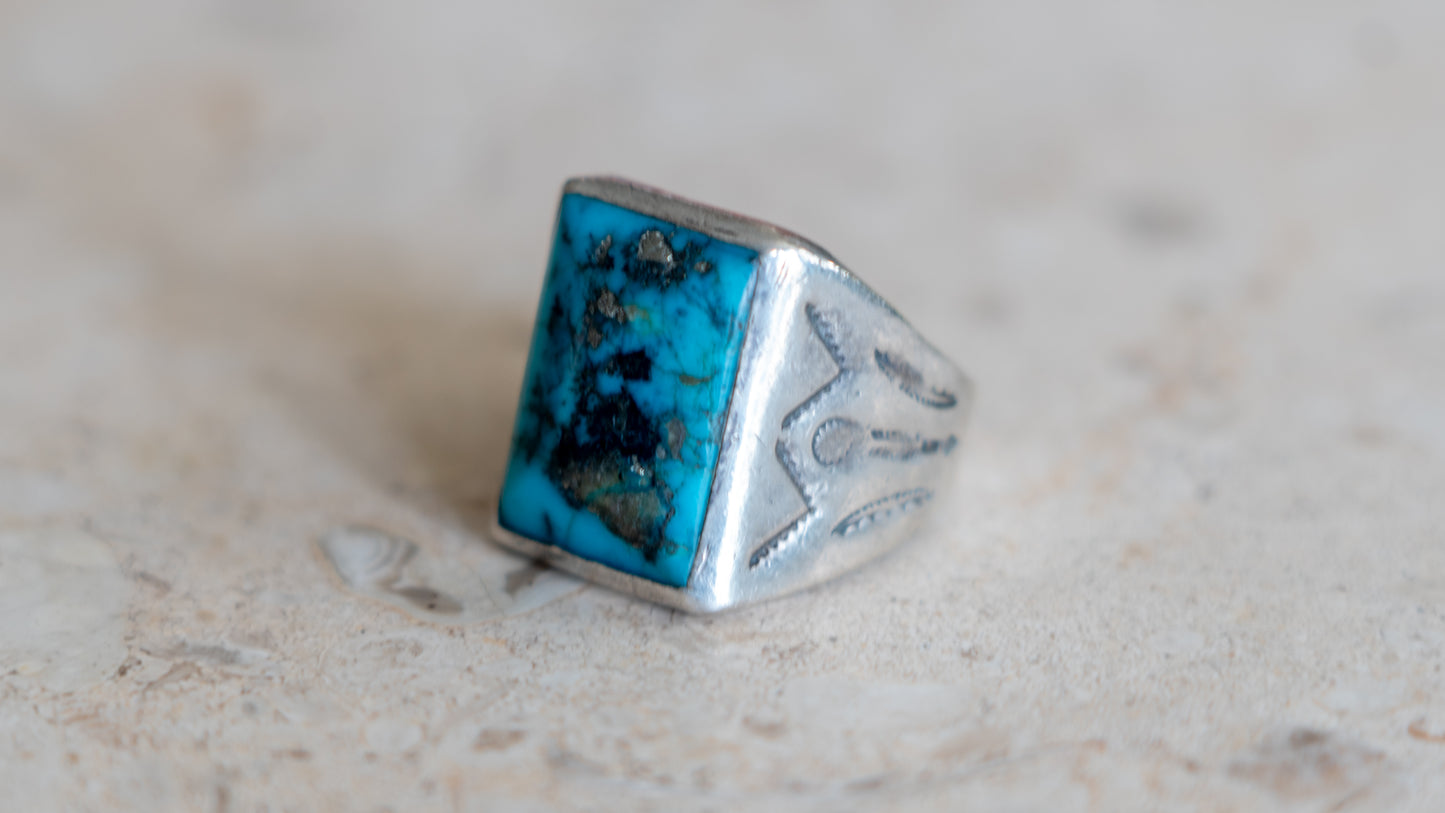 Mid Century Turquoise Bell Trading Post Ring Size-10
