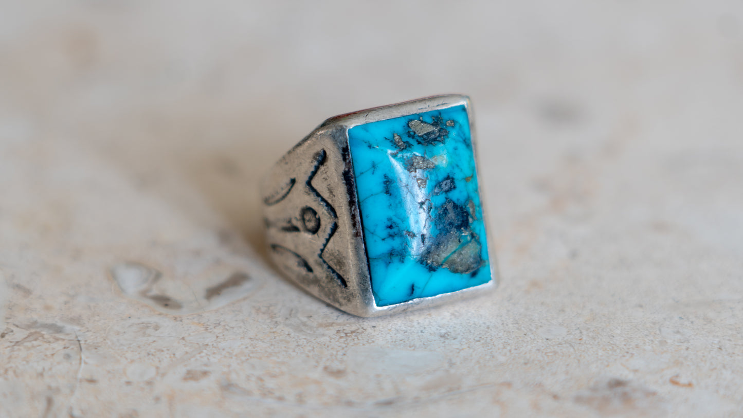 Mid Century Turquoise Bell Trading Post Ring Size-10
