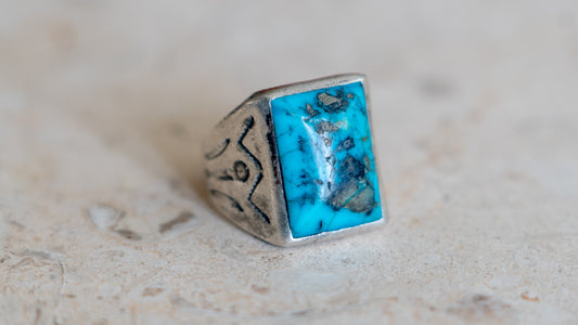 Mid Century Turquoise Bell Trading Post Ring Size-10