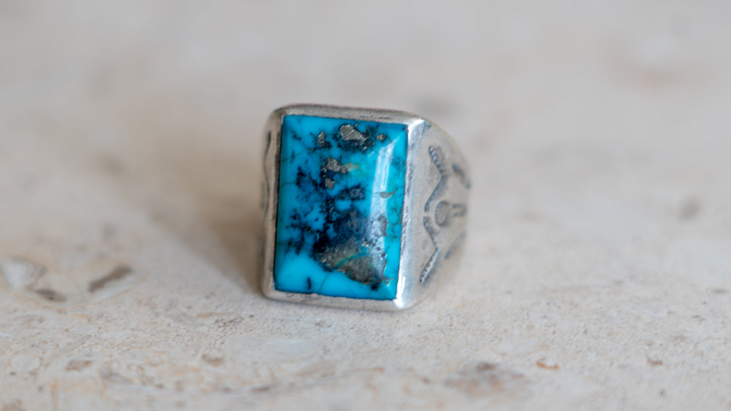 Mid Century Turquoise Bell Trading Post Ring Size-10