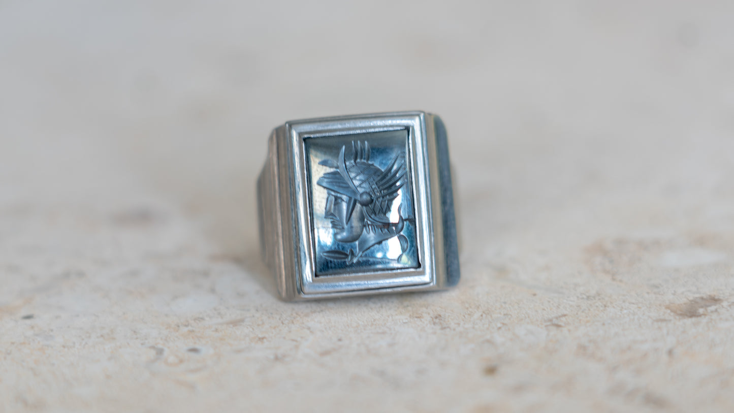Intaglio Hematite 1940s Chrome Centurion Ring Size-10