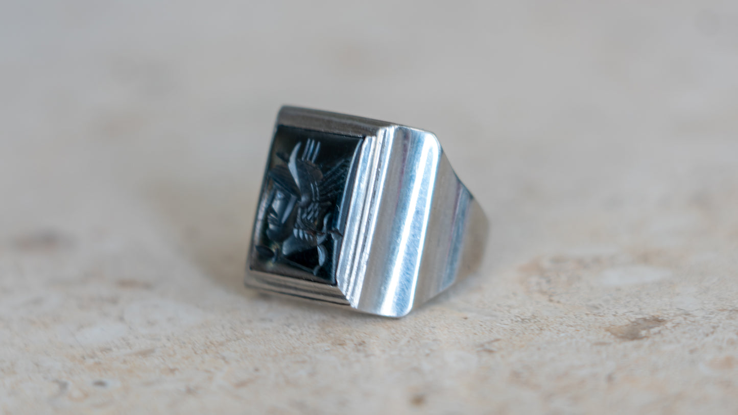 Intaglio Hematite 1940s Chrome Centurion Ring Size-10