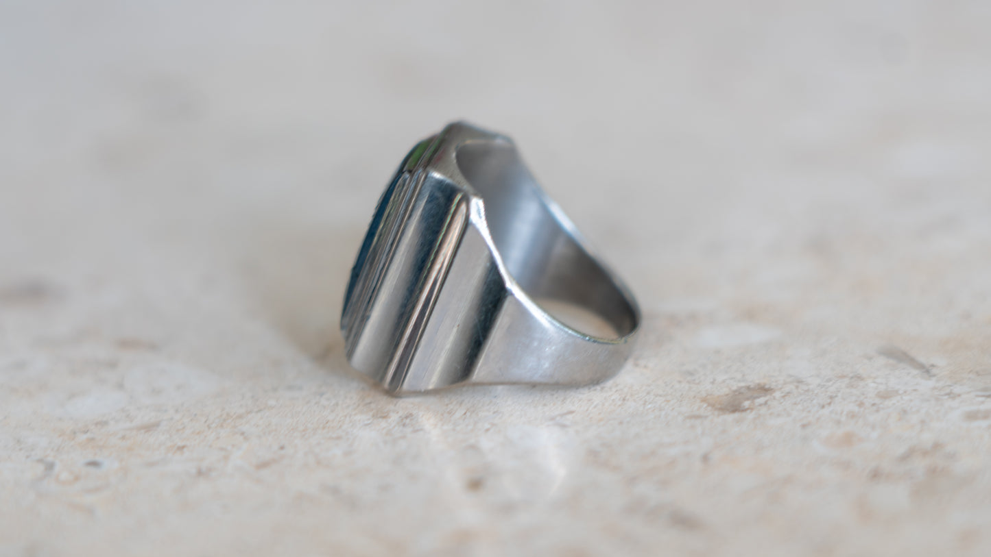Intaglio Hematite 1940s Chrome Centurion Ring Size-10