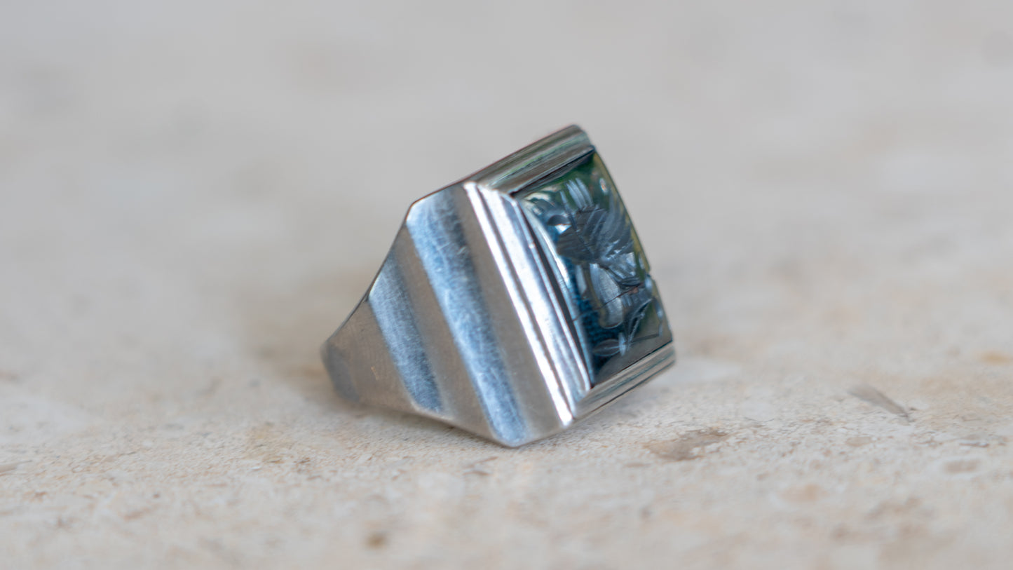 Intaglio Hematite 1940s Chrome Centurion Ring Size-10