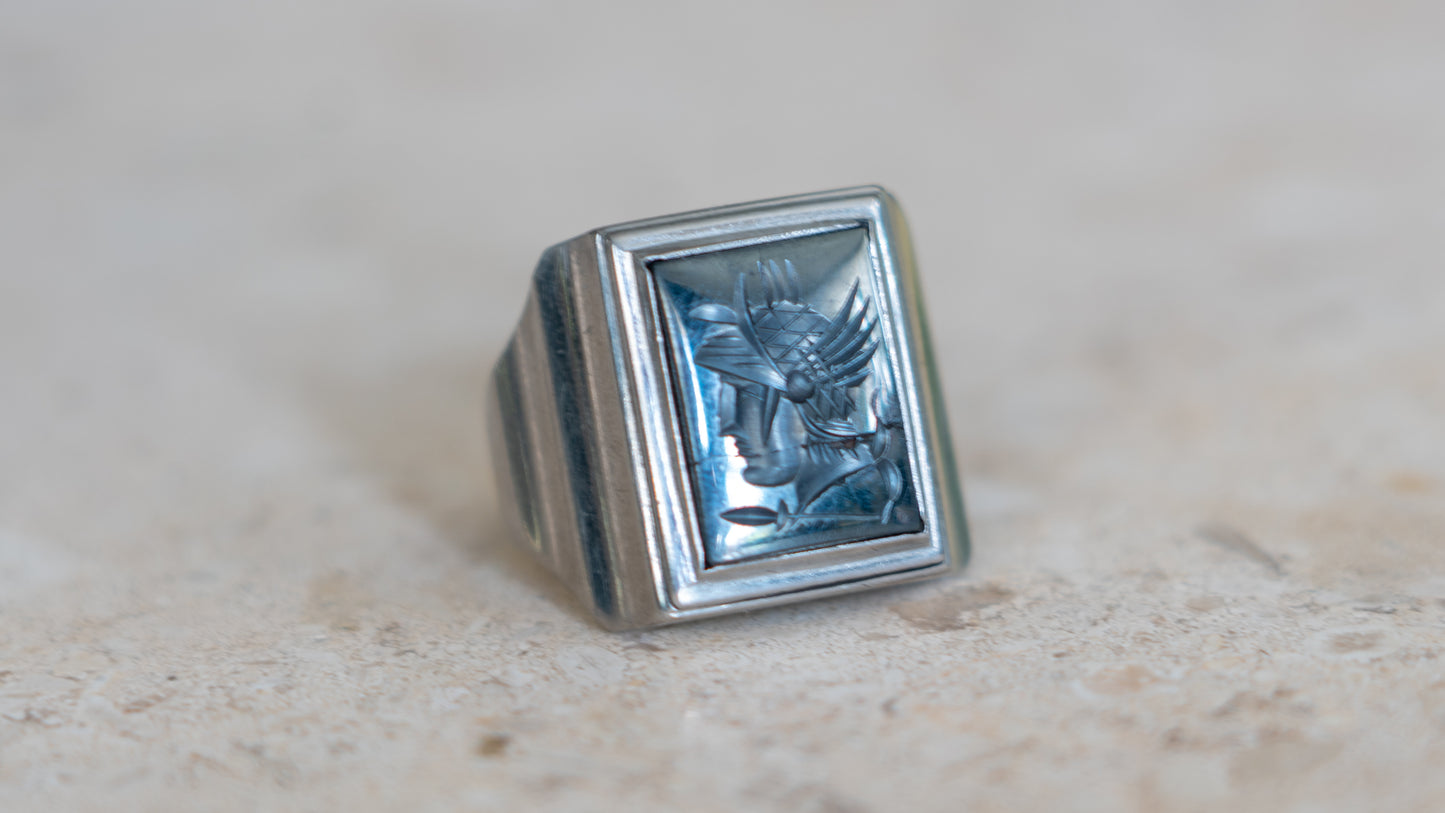 Intaglio Hematite 1940s Chrome Centurion Ring Size-10