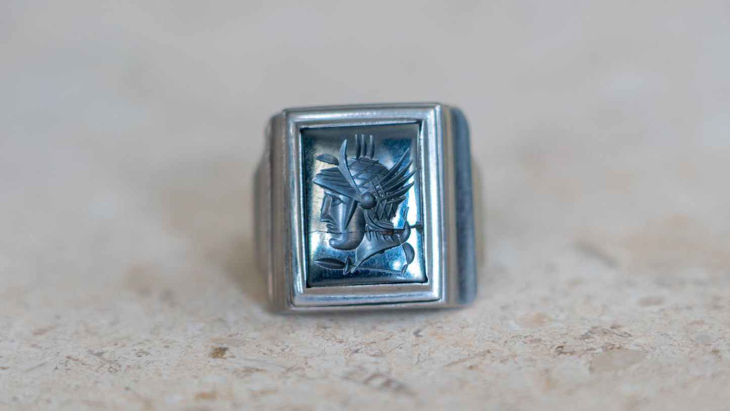 Intaglio Hematite 1940s Chrome Centurion Ring Size-10