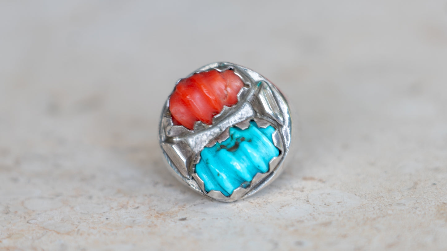 Unique Carved Coral and Turquoise Southwest Ring Size-10
