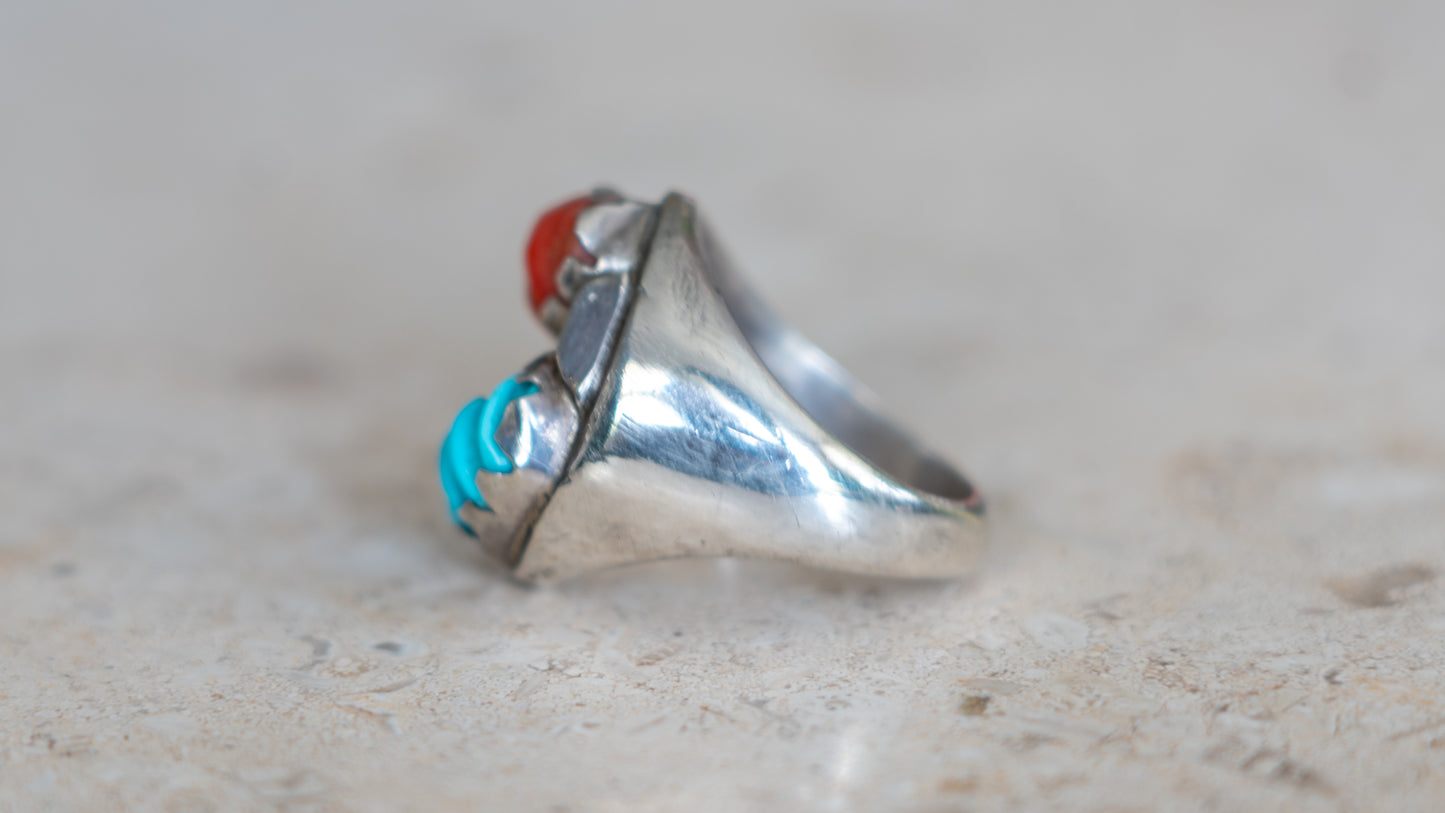 Unique Carved Coral and Turquoise Southwest Ring Size-10