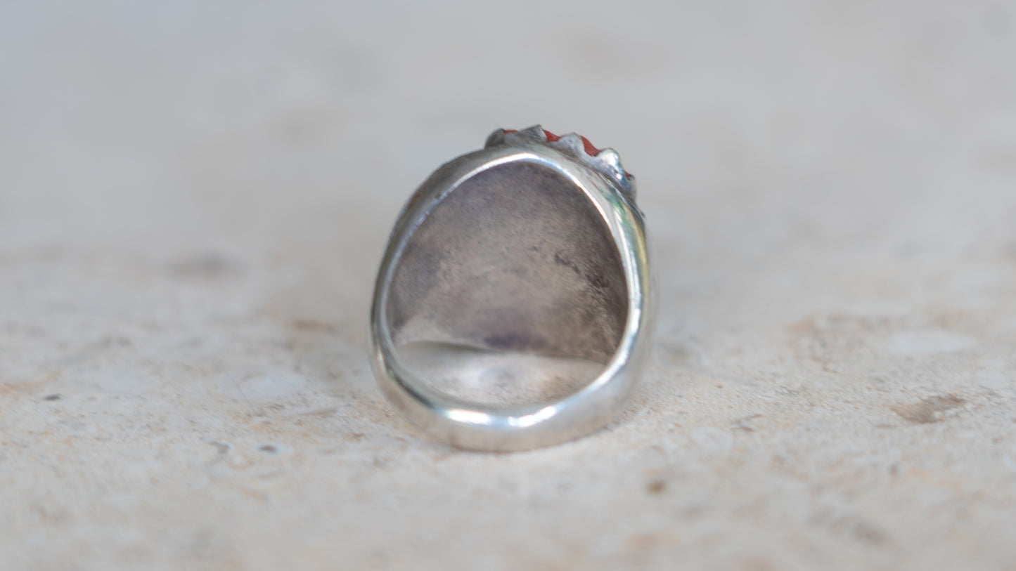 Unique Carved Coral and Turquoise Southwest Ring Size-10