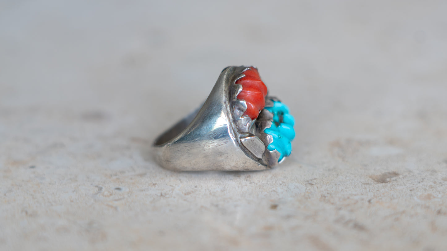 Unique Carved Coral and Turquoise Southwest Ring Size-10