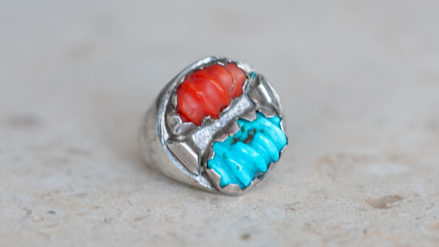 Unique Carved Coral and Turquoise Southwest Ring Size-10