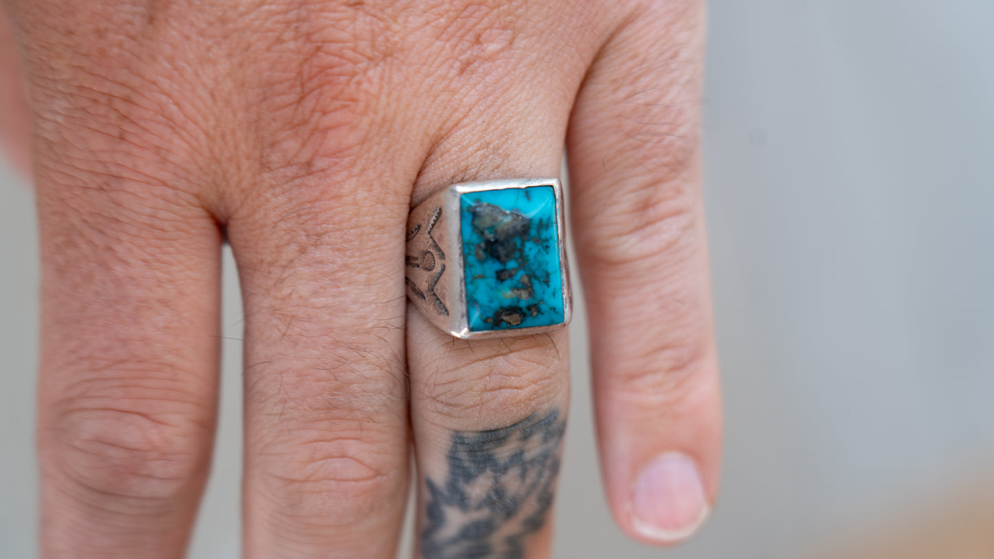 Mid Century Turquoise Bell Trading Post Ring Size-10
