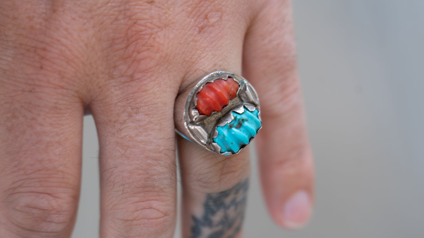 Unique Carved Coral and Turquoise Southwest Ring Size-10