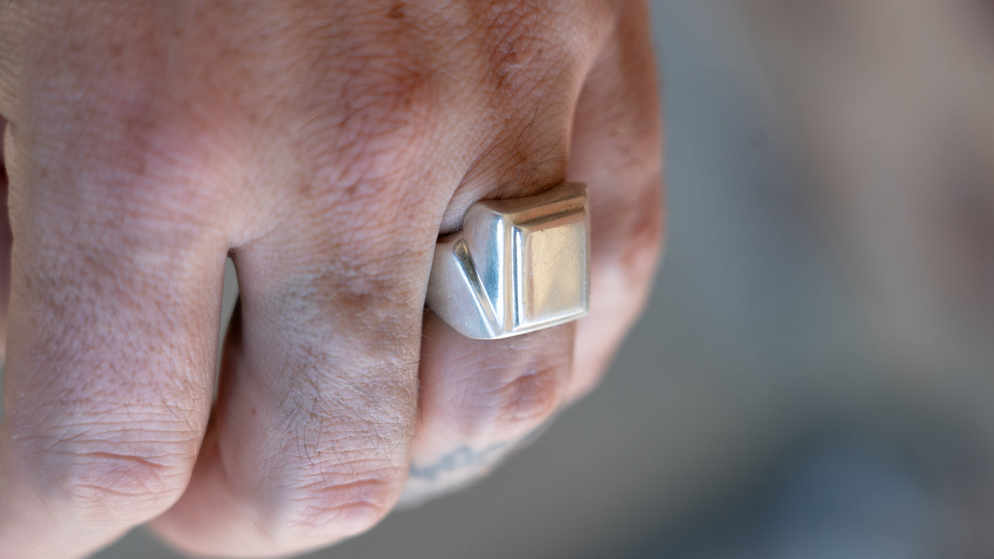 Mexico Cubist Sterling Signet Ring Size-9