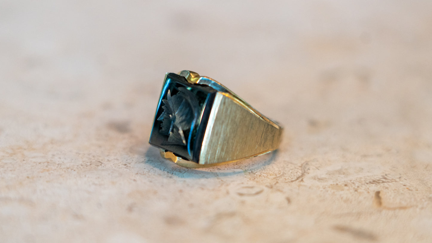 1950s Carved Hematite Centurion Ring Size-10.5