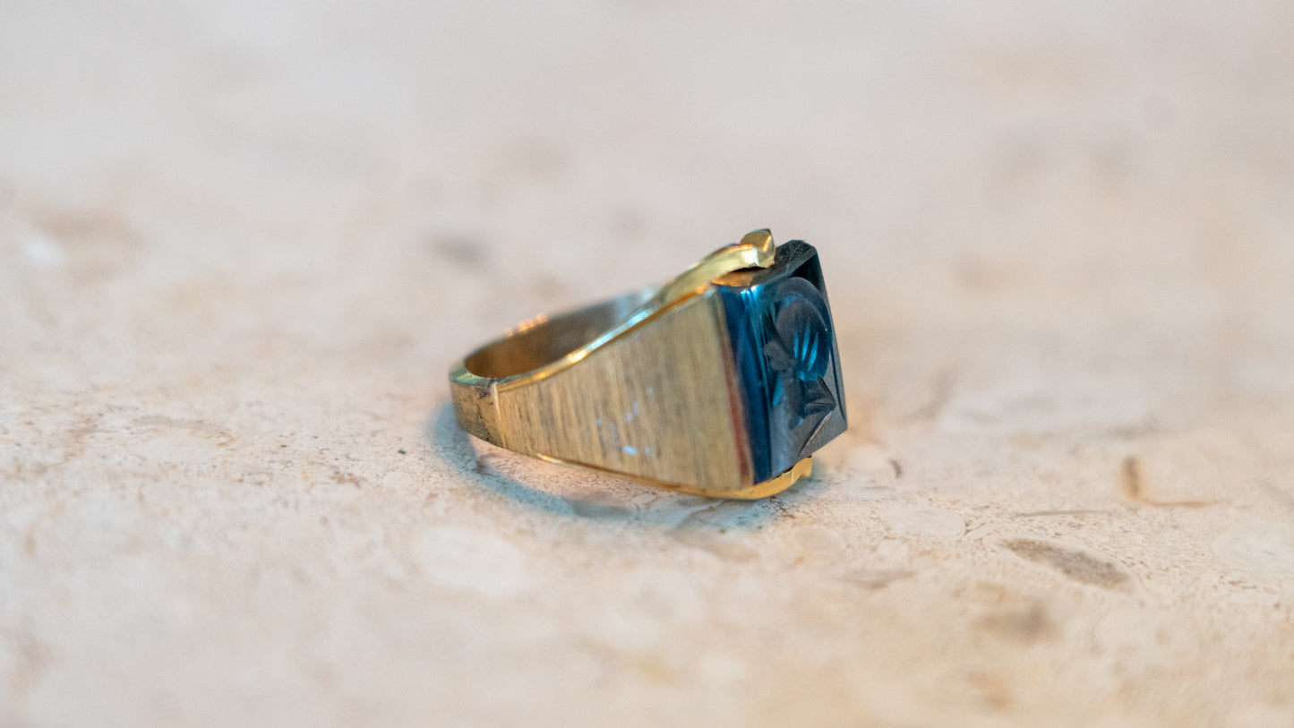 1950s Carved Hematite Centurion Ring Size-10.5