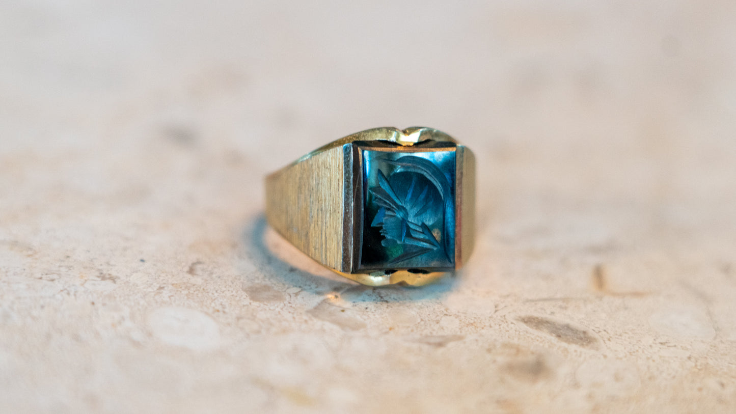 1950s Carved Hematite Centurion Ring Size-10.5