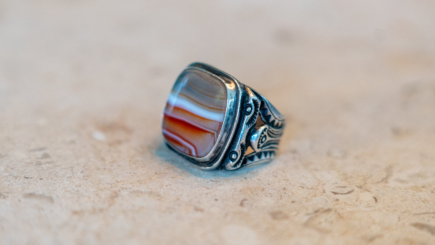 Excellent Harvey Era Southwestern Agate Ring Size-10