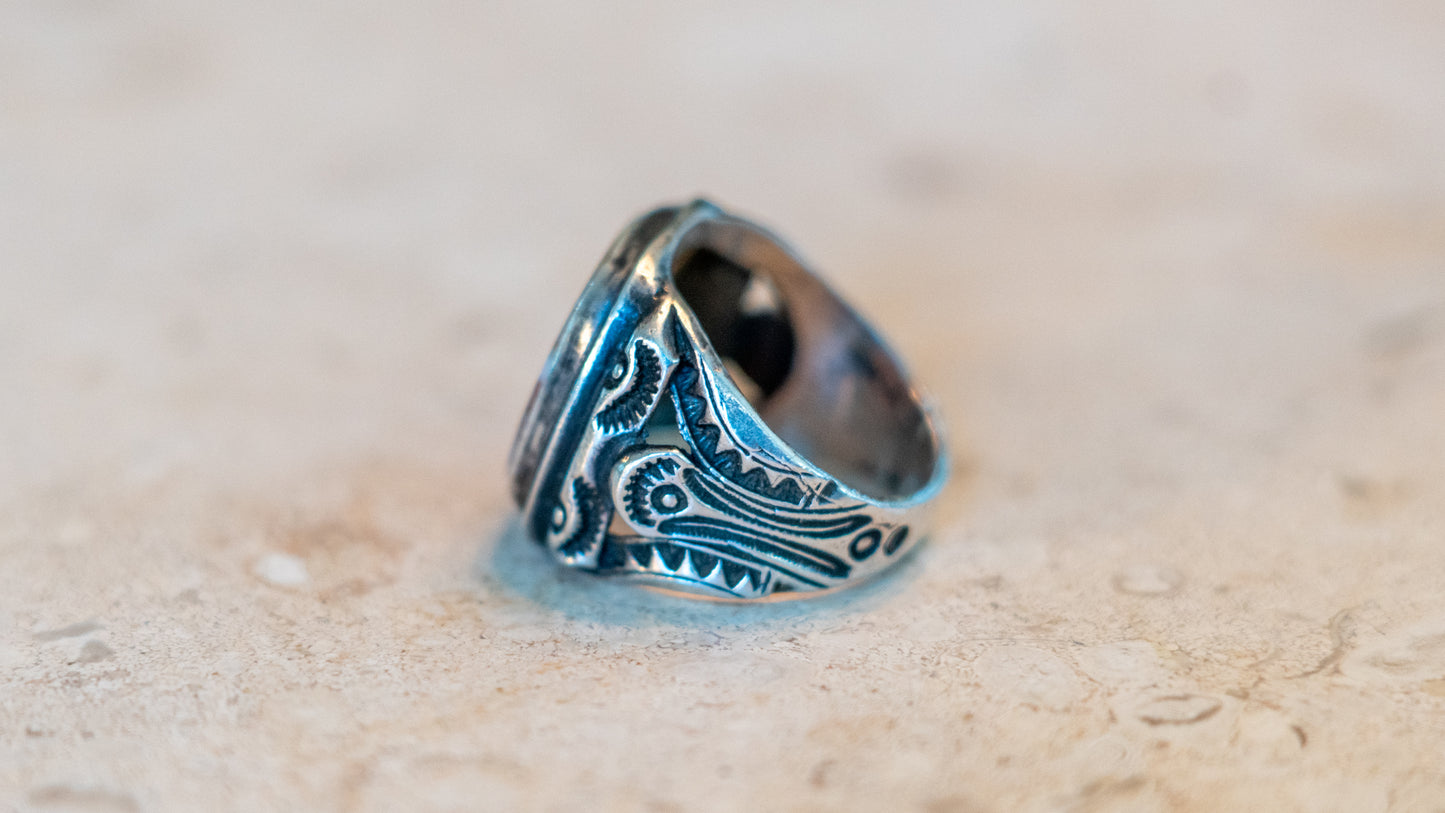 Excellent Harvey Era Southwestern Agate Ring Size-10