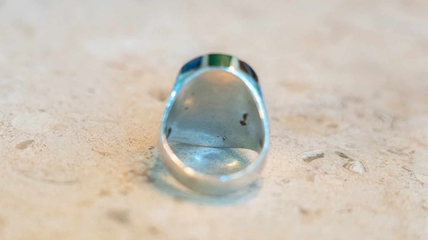 Heavy 22 Gram Multi Inlay Mexico Biker Ring Size-10