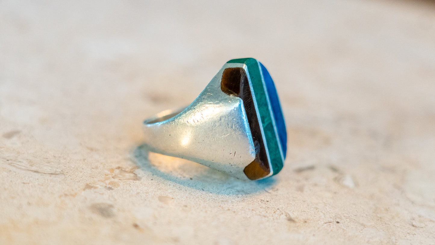 Heavy 22 Gram Multi Inlay Mexico Biker Ring Size-10