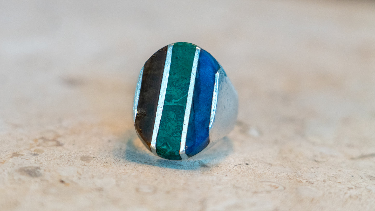 Heavy 22 Gram Multi Inlay Mexico Biker Ring Size-10