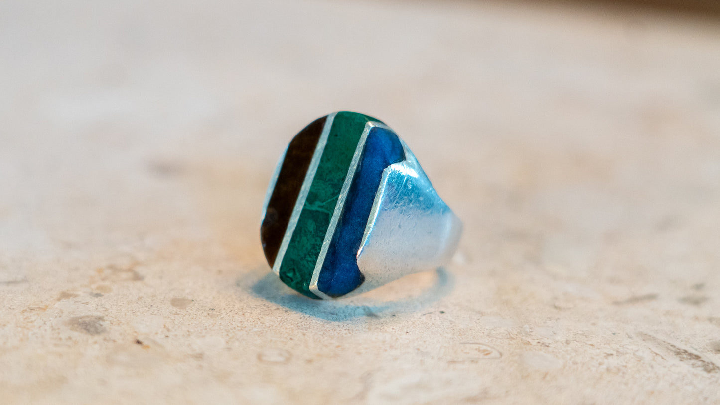 Heavy 22 Gram Multi Inlay Mexico Biker Ring Size-10