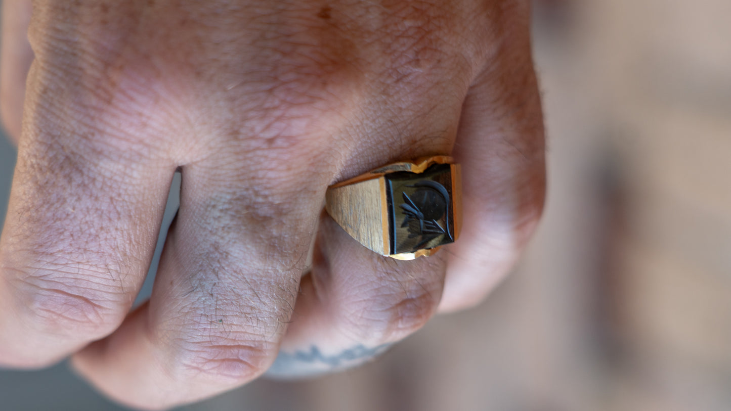 1950s Carved Hematite Centurion Ring Size-10.5