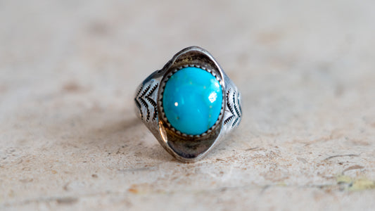 Handmade & Hand Stamped 1960s Turquoise Ring Size-10