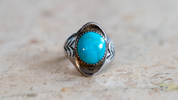 Handmade & Hand Stamped 1960s Turquoise Ring Size-10
