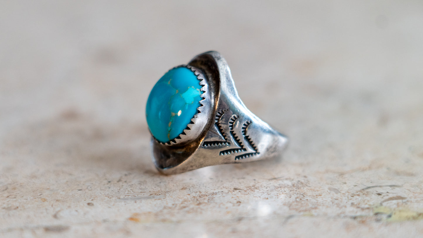 Handmade & Hand Stamped 1960s Turquoise Ring Size-10