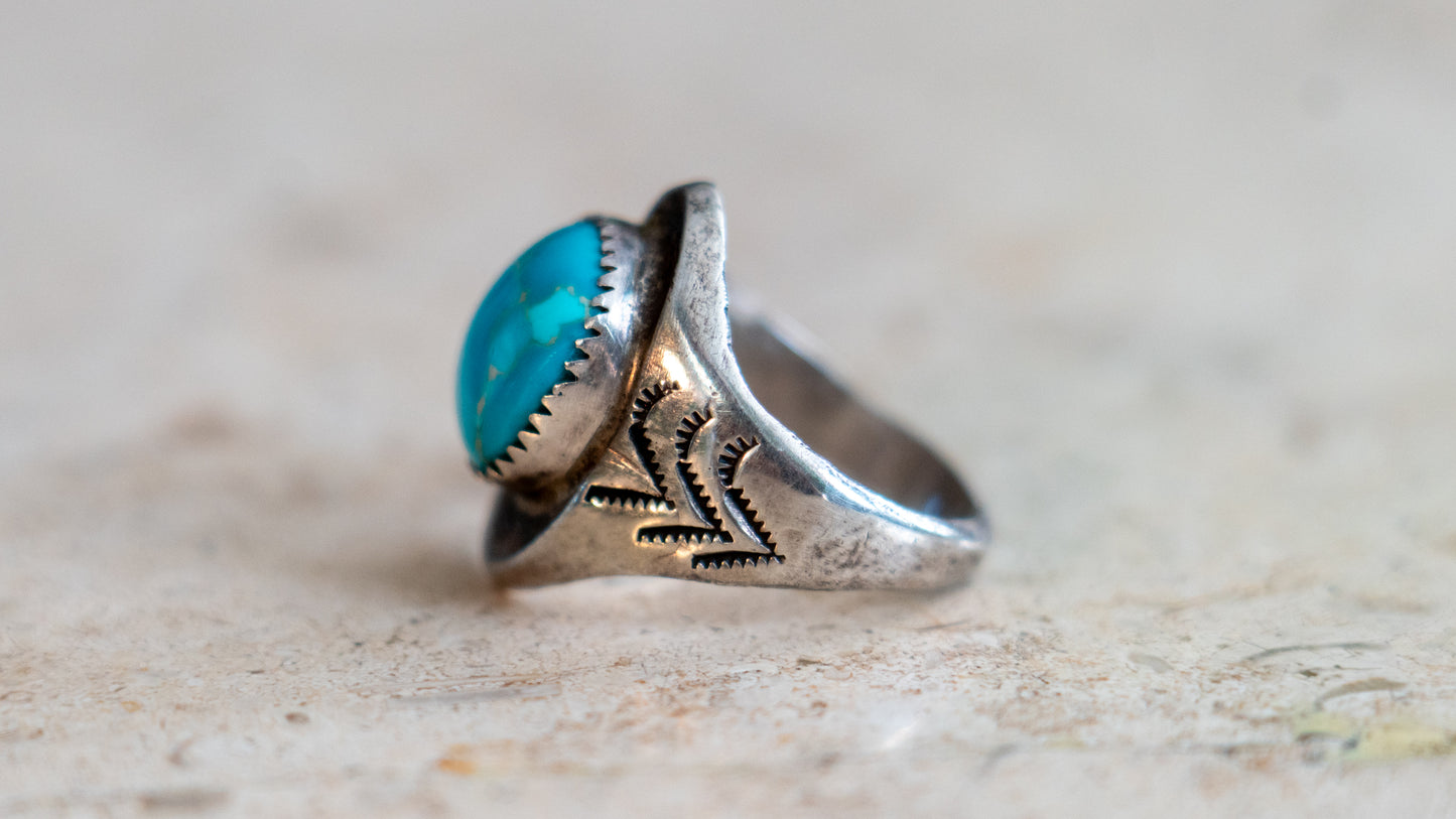 Handmade & Hand Stamped 1960s Turquoise Ring Size-10