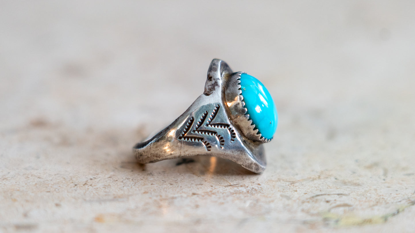 Handmade & Hand Stamped 1960s Turquoise Ring Size-10