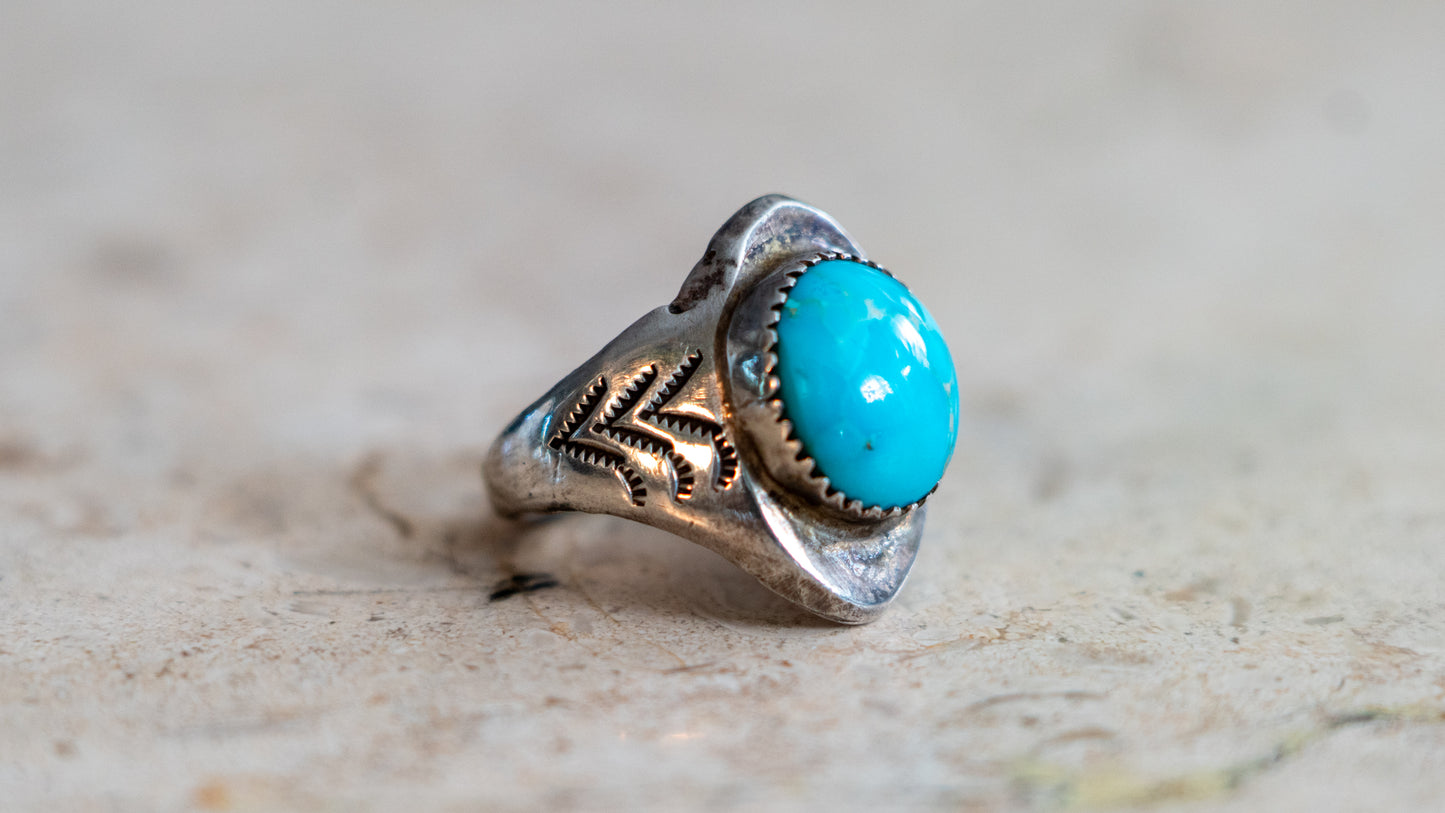 Handmade & Hand Stamped 1960s Turquoise Ring Size-10