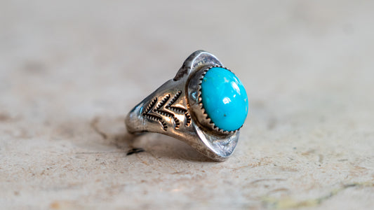 Handmade & Hand Stamped 1960s Turquoise Ring Size-10