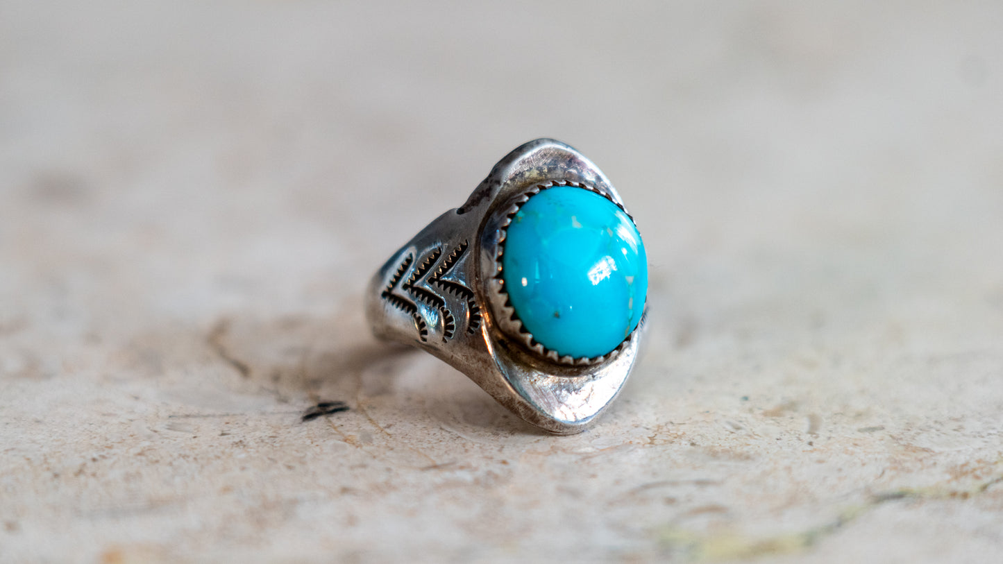 Handmade & Hand Stamped 1960s Turquoise Ring Size-10