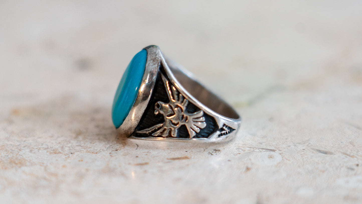 1970s Thunderbird Motif Turquoise Ring Size-10.5