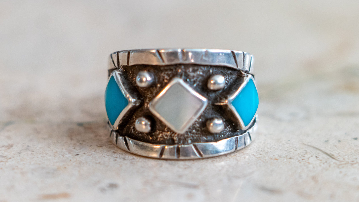 Turquoise & Mother of Pearl Navjo Cigar Band Size-9