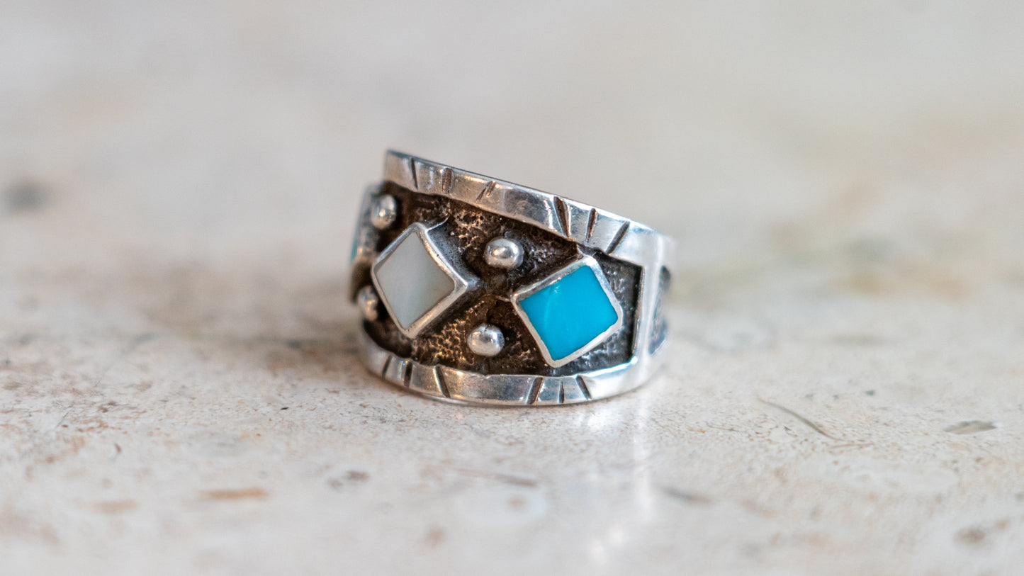Turquoise & Mother of Pearl Navjo Cigar Band Size-9