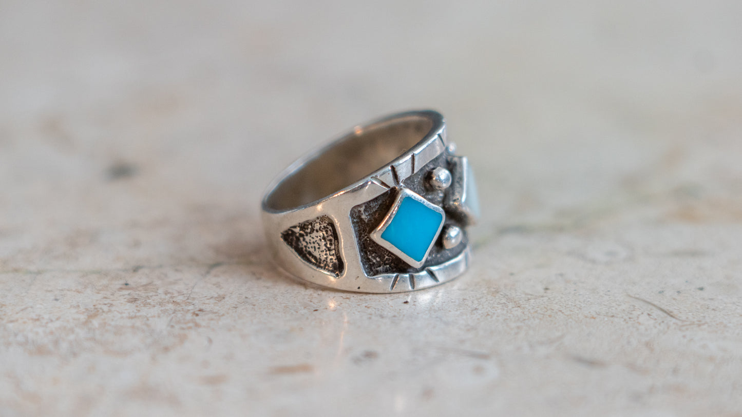 Turquoise & Mother of Pearl Navjo Cigar Band Size-9