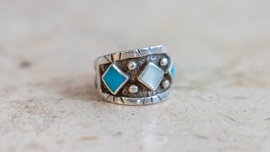 Turquoise & Mother of Pearl Navjo Cigar Band Size-9