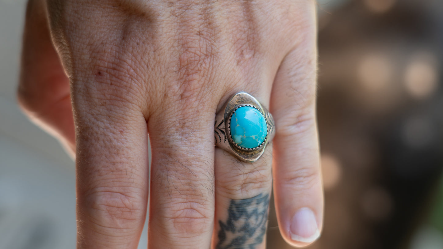 Handmade & Hand Stamped 1960s Turquoise Ring Size-10