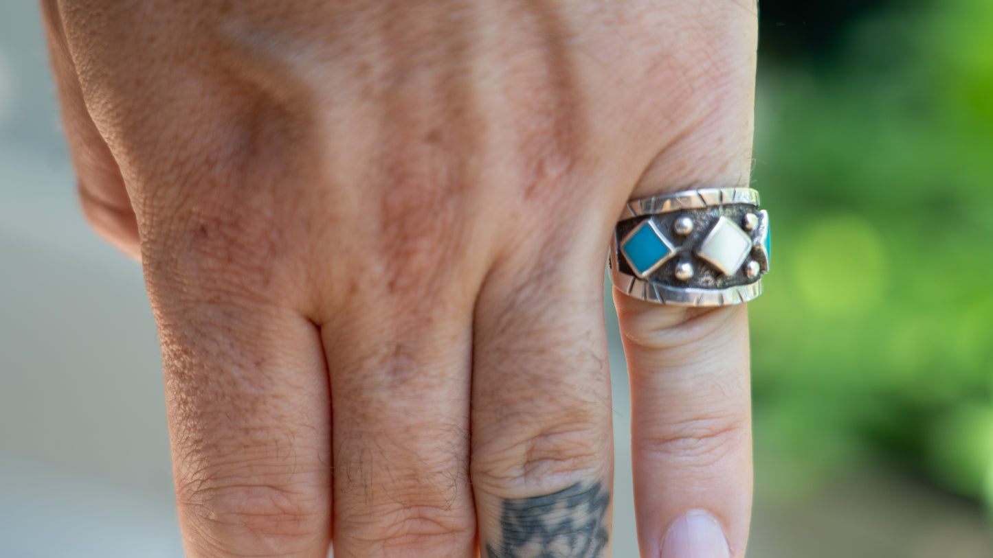 Turquoise & Mother of Pearl Navjo Cigar Band Size-9