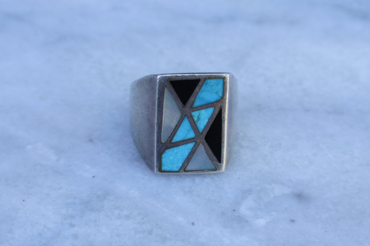 Mid Century Chunky Trading Post Inlay Ring Size-10