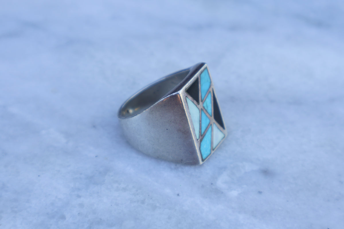 Mid Century Chunky Trading Post Inlay Ring Size-10