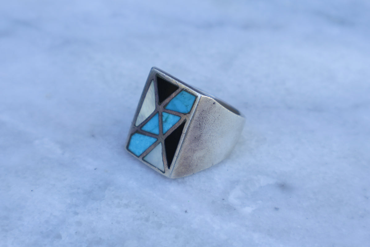 Mid Century Chunky Trading Post Inlay Ring Size-10