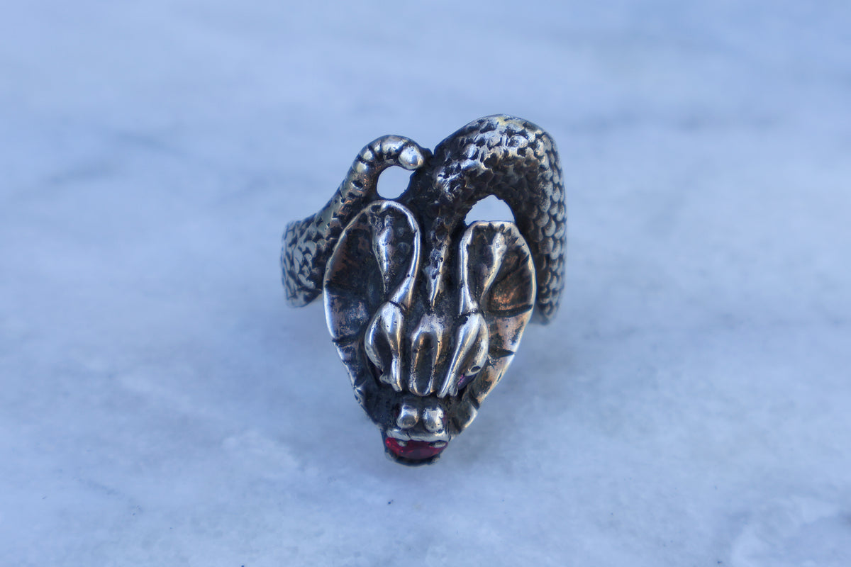 Large Mid Century Cobra Garnet Stone Inlaid Snake Ring Size-12