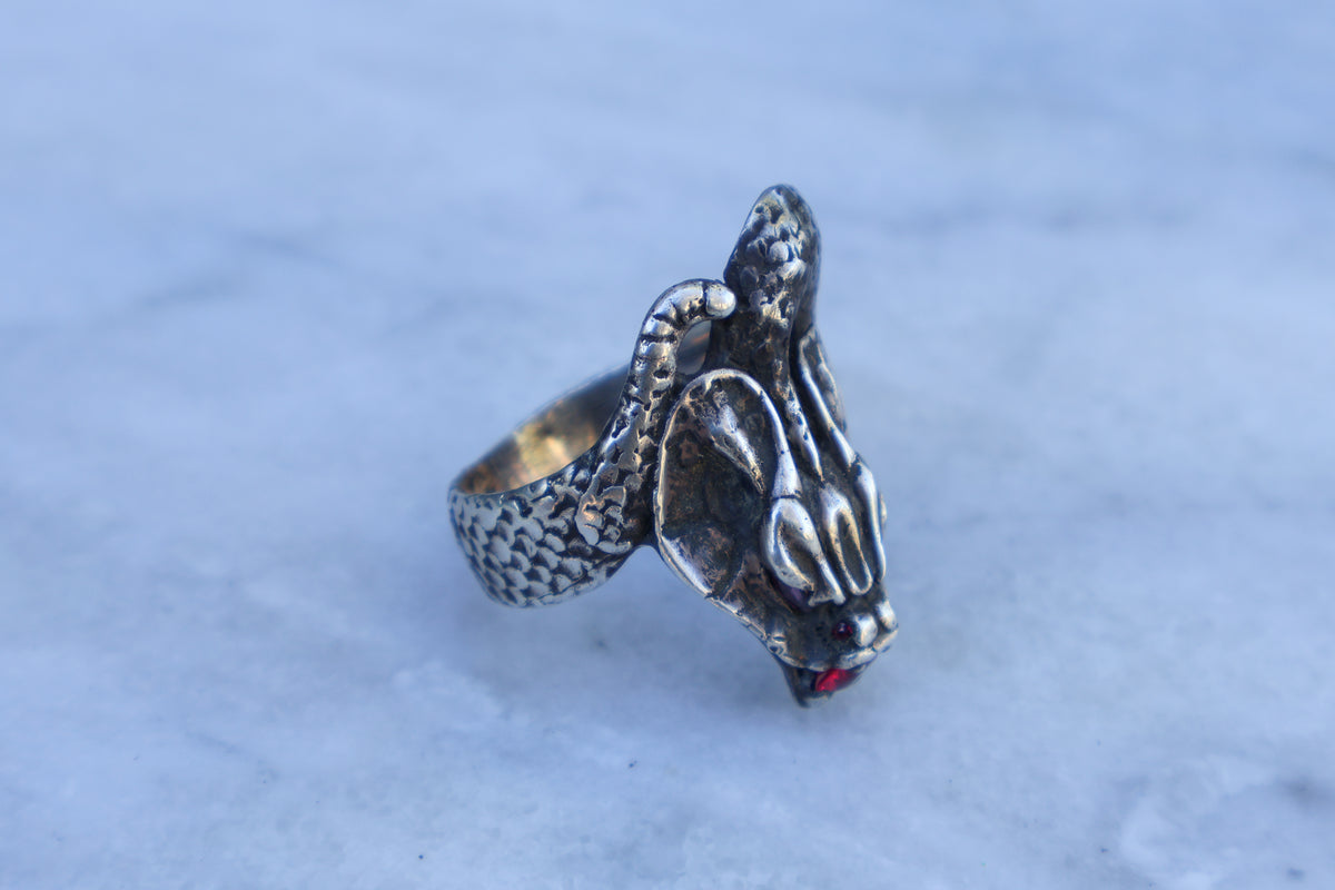 Large Mid Century Cobra Garnet Stone Inlaid Snake Ring Size-12