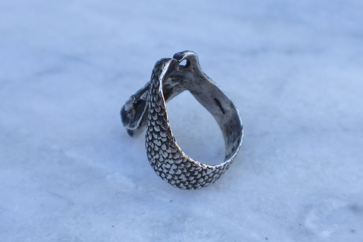 Large Mid Century Cobra Garnet Stone Inlaid Snake Ring Size-12